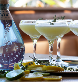 Freeland Gin Bottle alongside 3 cocktail glasses, lemon slices, and thyme